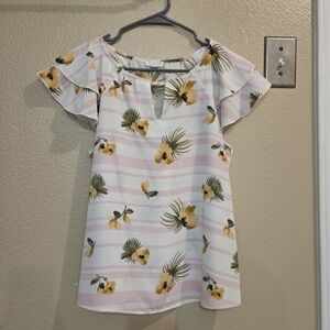 A'Gaci Floral Striped White Pink Keyhole Flutter Sleeve Blouse Top size Medium